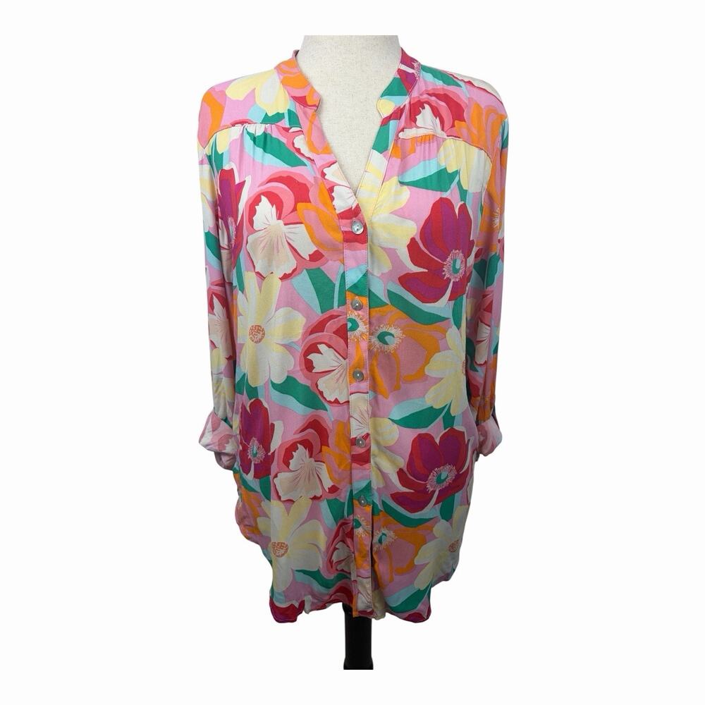 Hope Springs Womens L Floral Tunic Blouse Button Front Rayon Boho Colorful